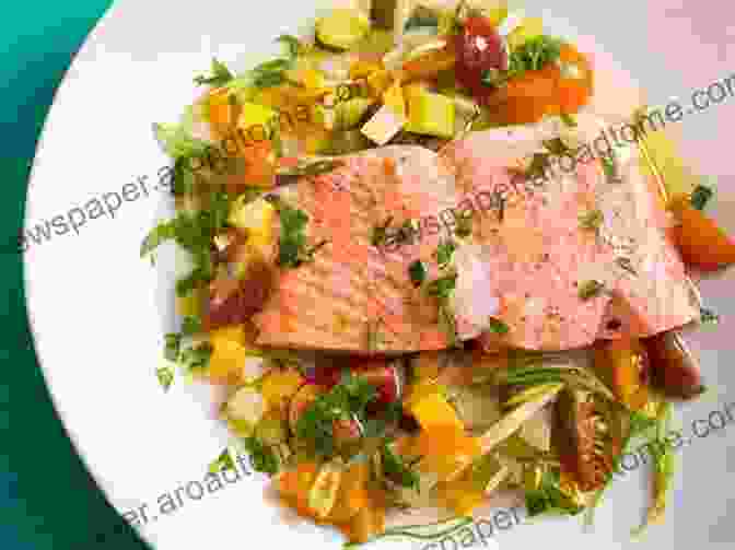 Seared Wild Salmon Served With Roasted Vegetables And A Side Of Fresh Fruit, Embodying The Paleo Dietary Approach. Healthy Meals: 2 Ultra Healthy Diets: Vegan And Paleolithic